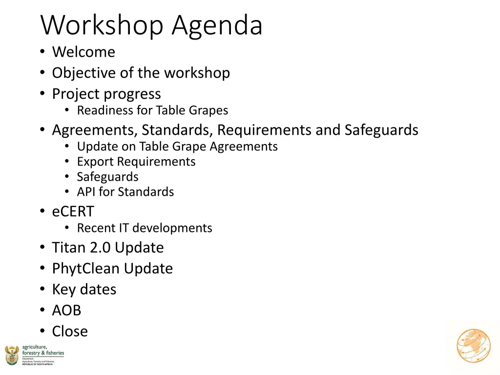workshop agenda welcome objective of the workshop