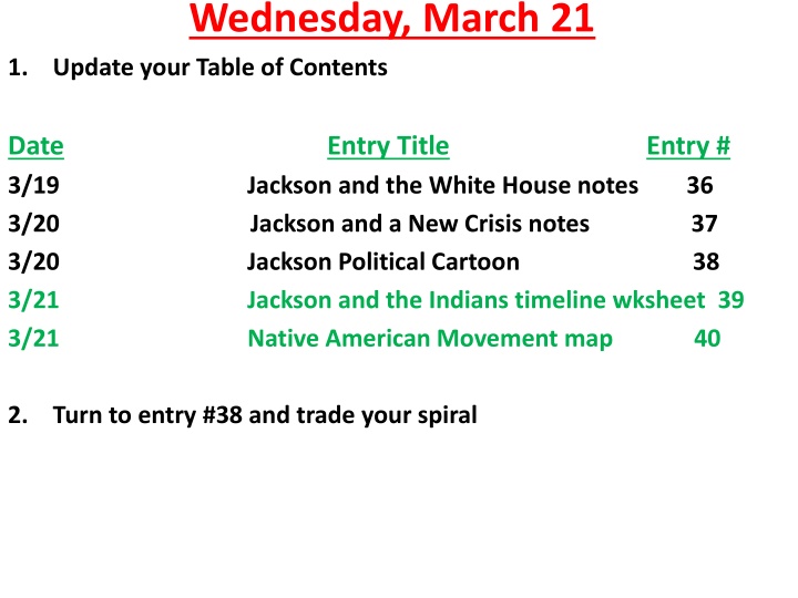 wednesday march 21 update your table of contents