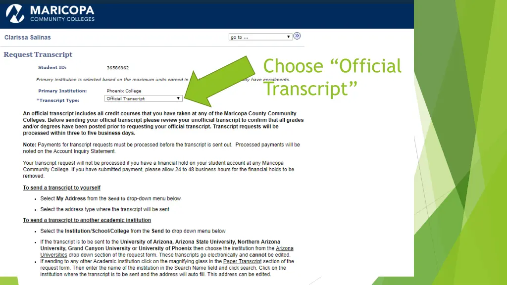 choose official transcript