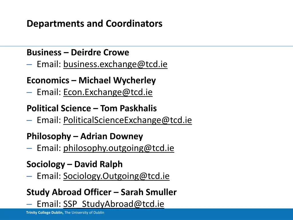 departments and coordinators