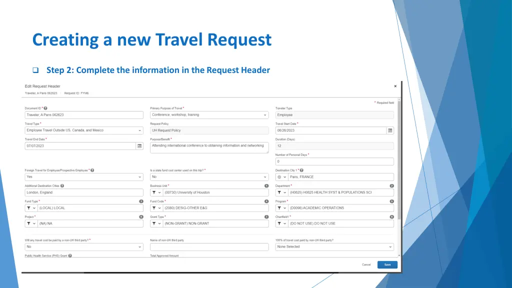 creating a new travel request 1