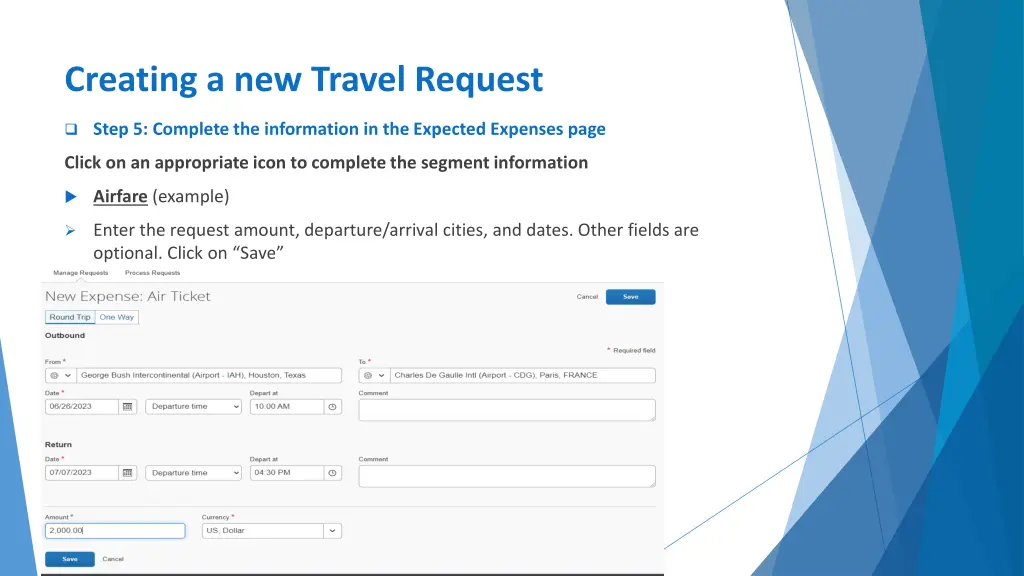 creating a new travel request 10