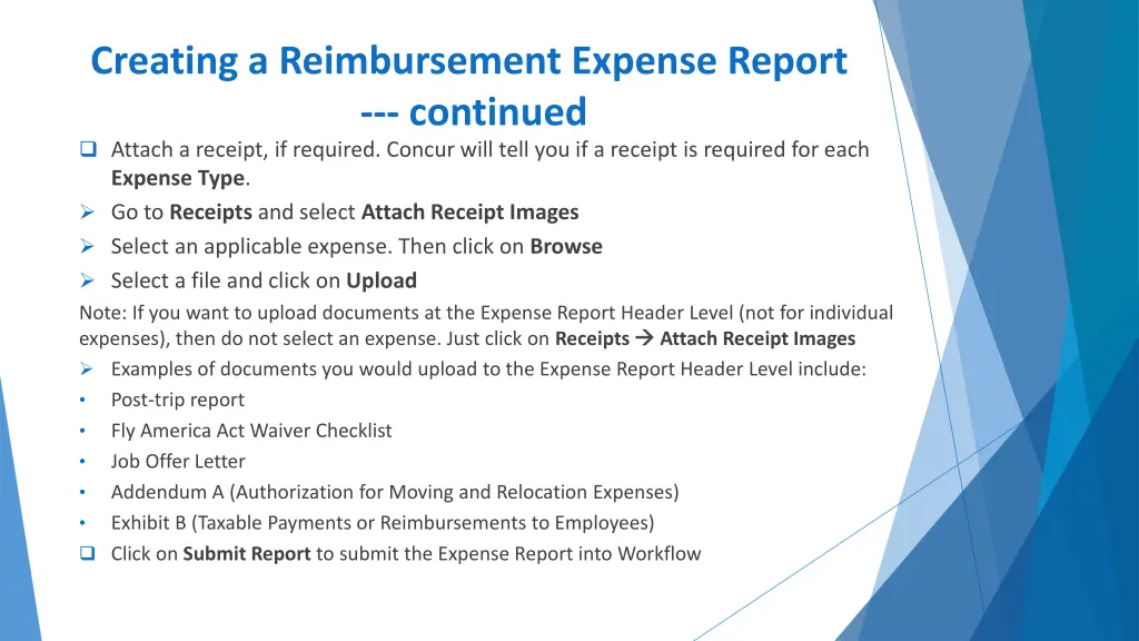 creating a reimbursement expense report continued