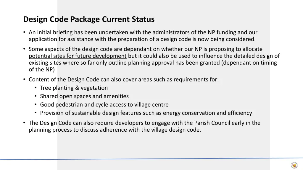 design code package current status