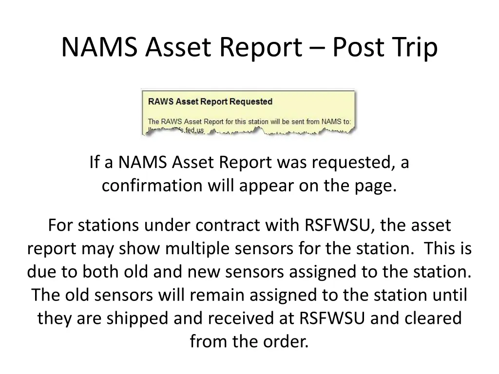 nams asset report post trip