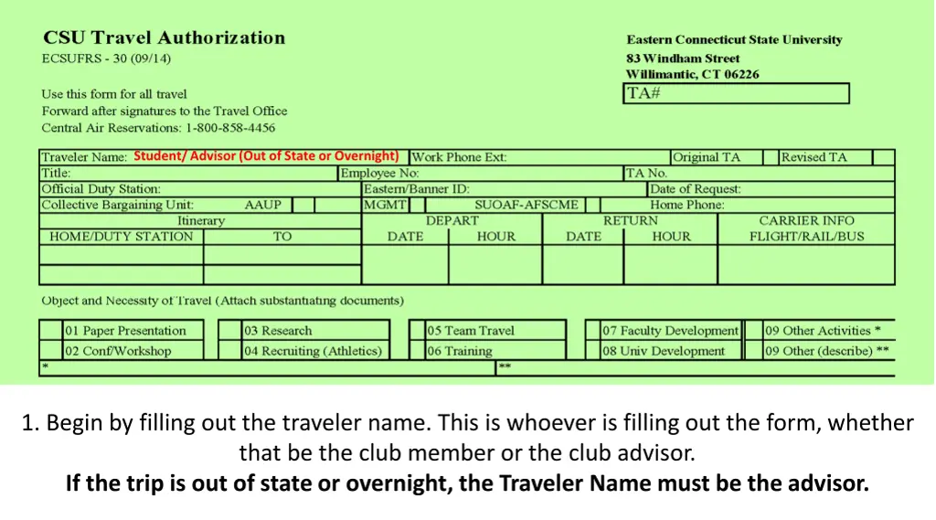 student advisor out of state or overnight
