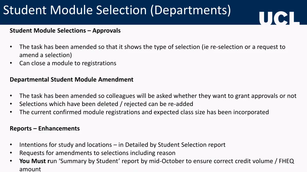 student module selection departments