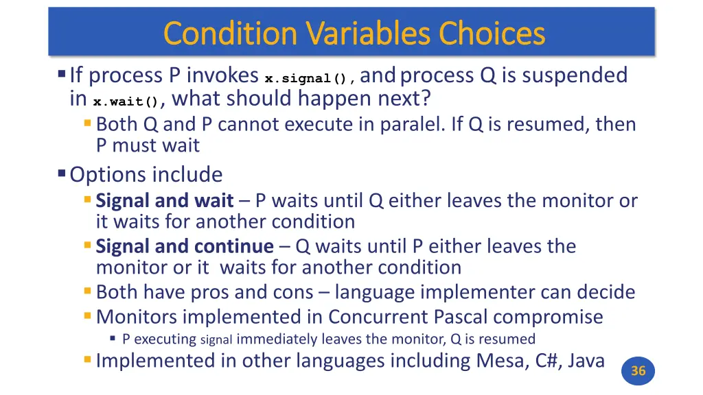 condition variables choices condition variables