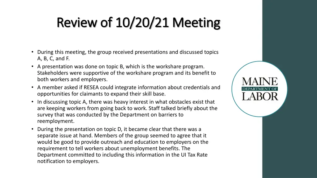 review of 10 20 21 meeting review