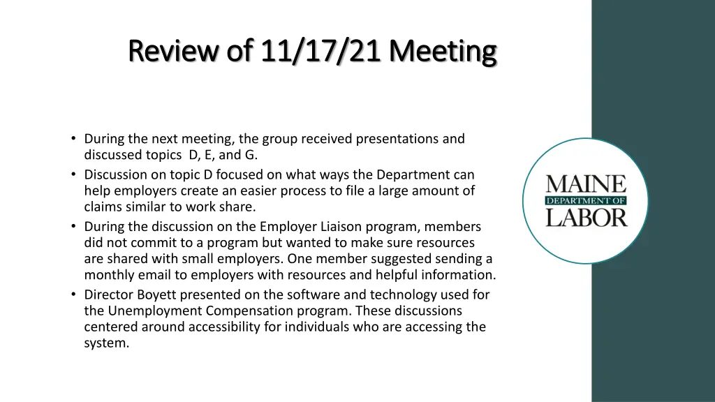 review of 11 17 21 meeting review