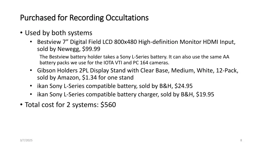 purchased for recording occultations purchased