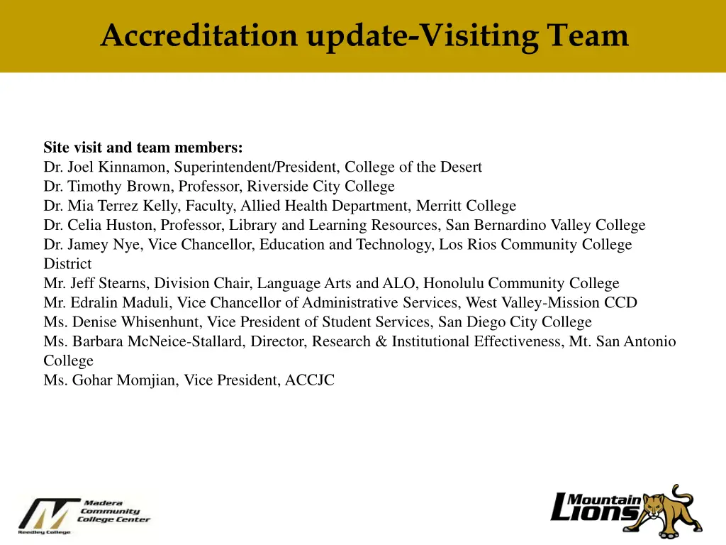 need title here accreditation update visiting team