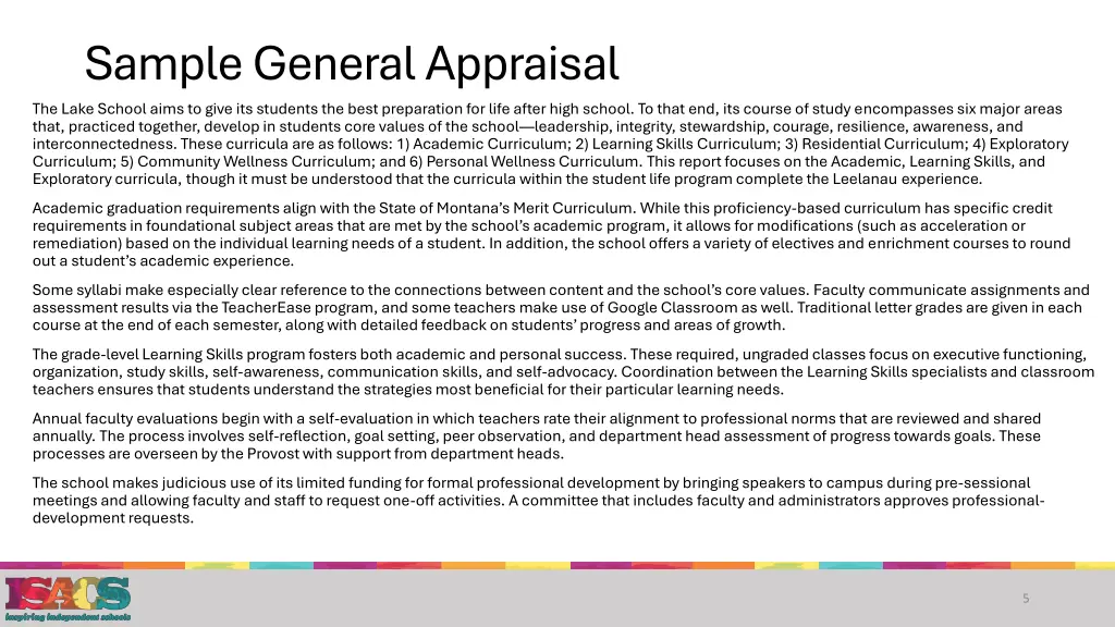 sample general appraisal the lake school aims