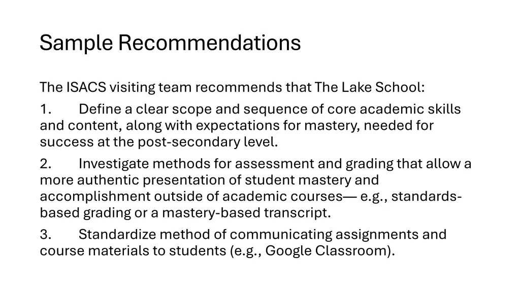 sample recommendations