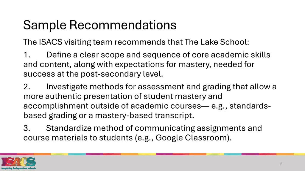 sample recommendations the isacs visiting team