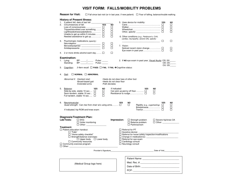 visit form falls mobility problems
