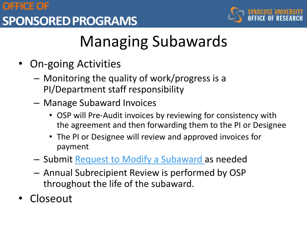 managing subawards on going activities monitoring