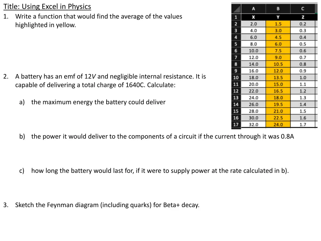 title using excel in physics 1 write a function