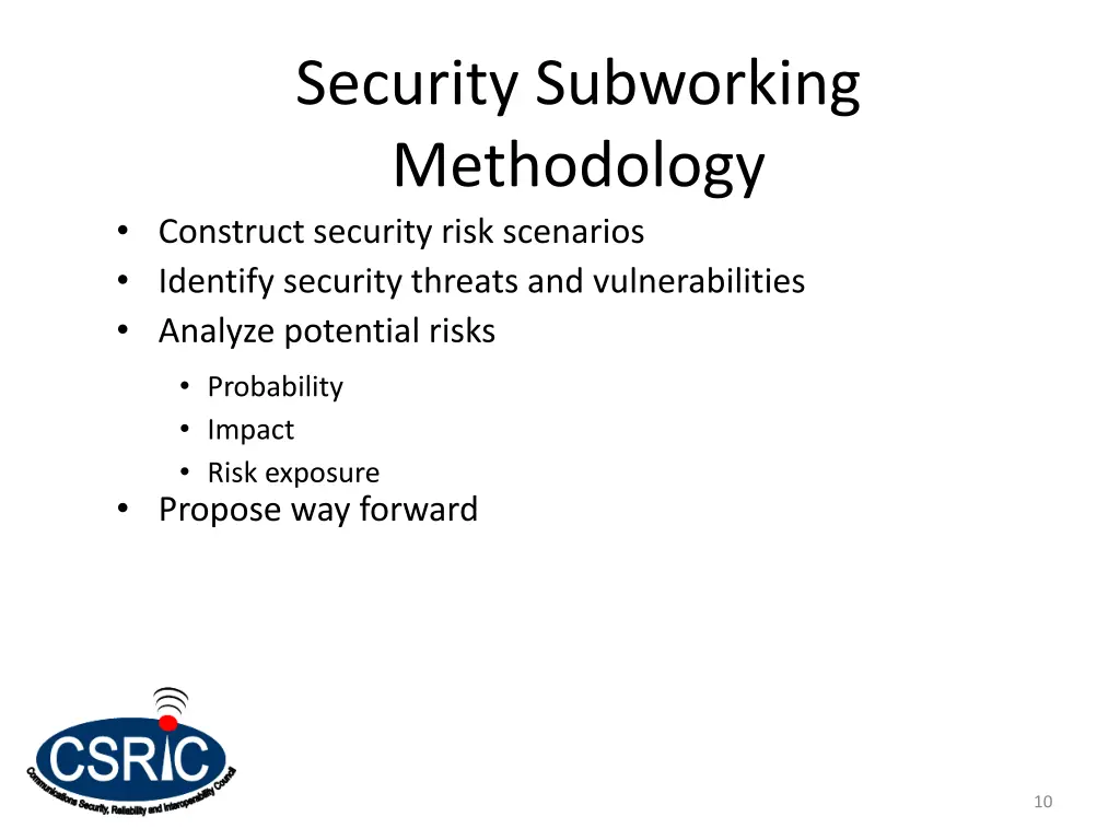security subworking methodology