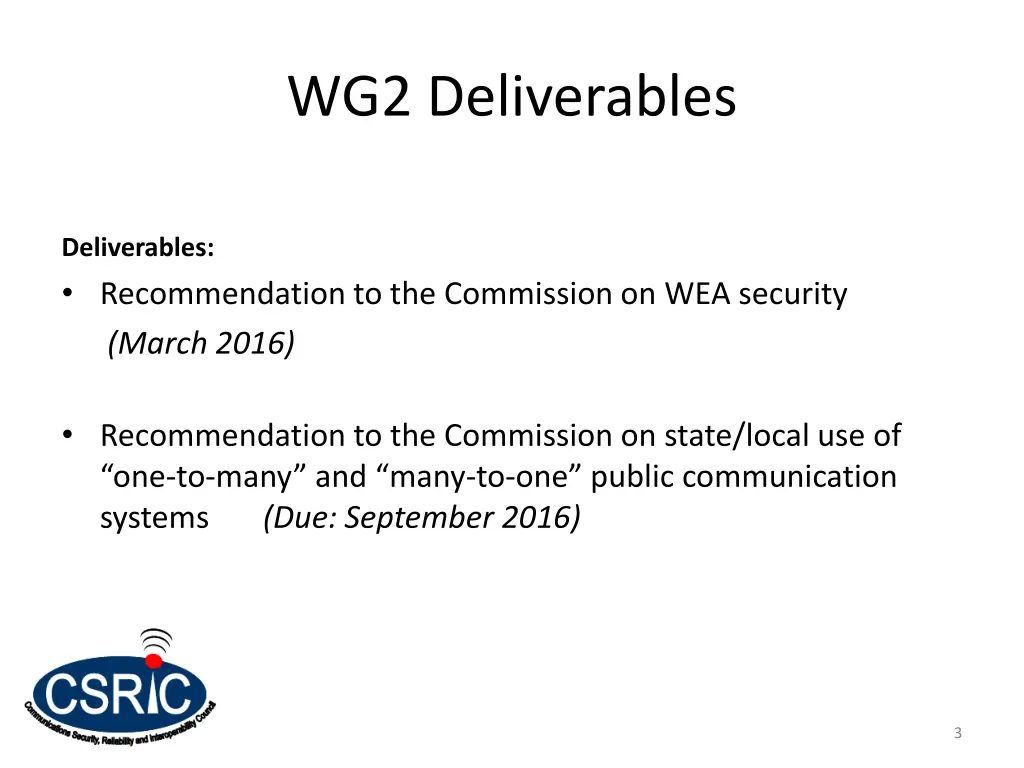 wg2 deliverables