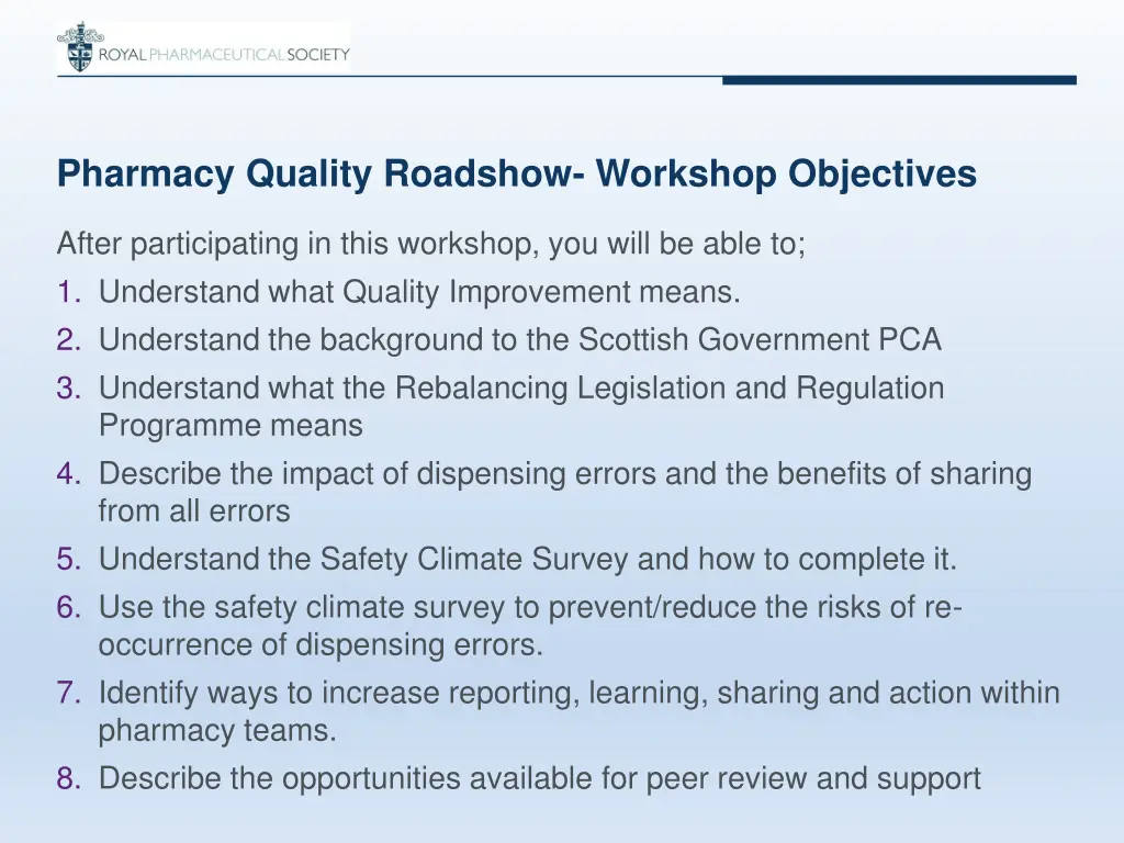 pharmacy quality roadshow workshop objectives