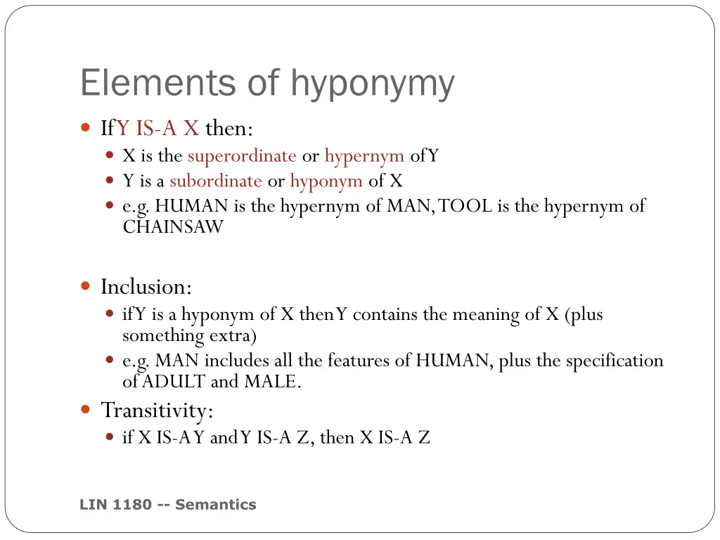 elements of hyponymy if y is a x then