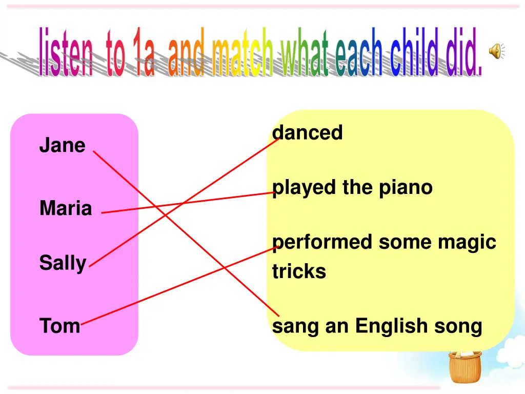 listen to 1a and match what each child did