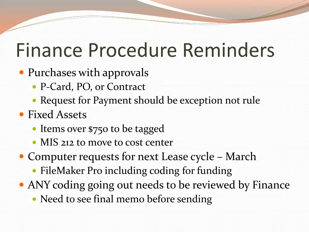 finance procedure reminders purchases with