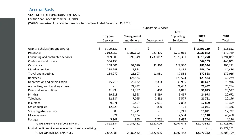 accrual basis statement of functional expenses