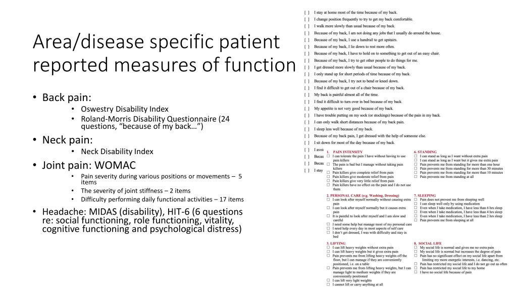 area disease specific patient reported measures