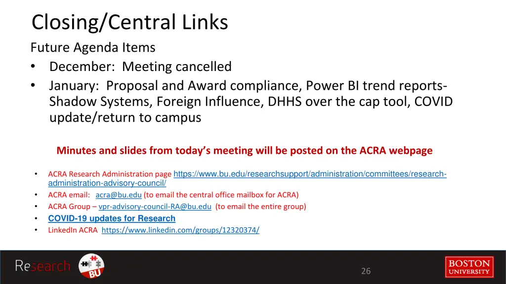 closing central links future agenda items