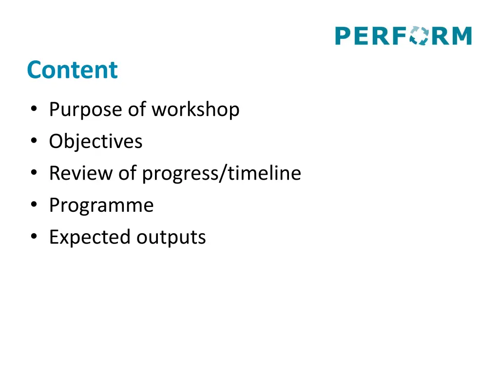 content purpose of workshop objectives review