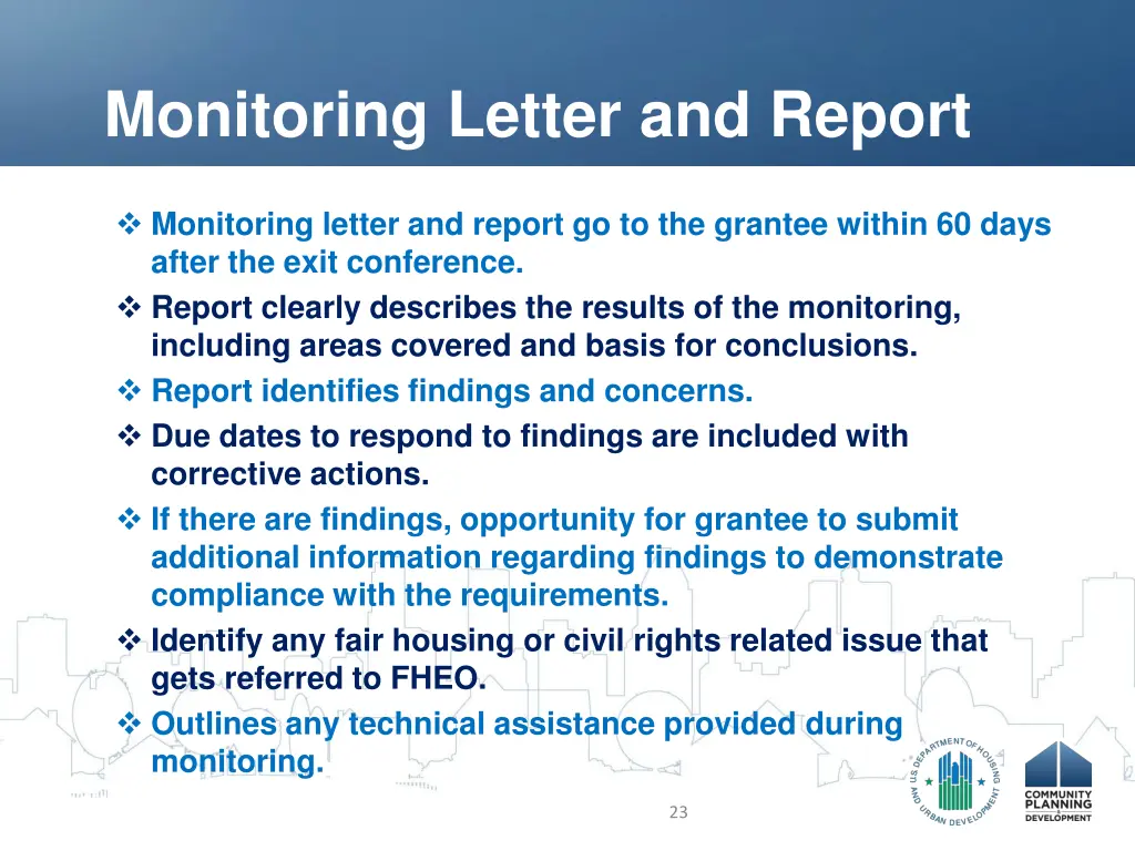 monitoring letter and report