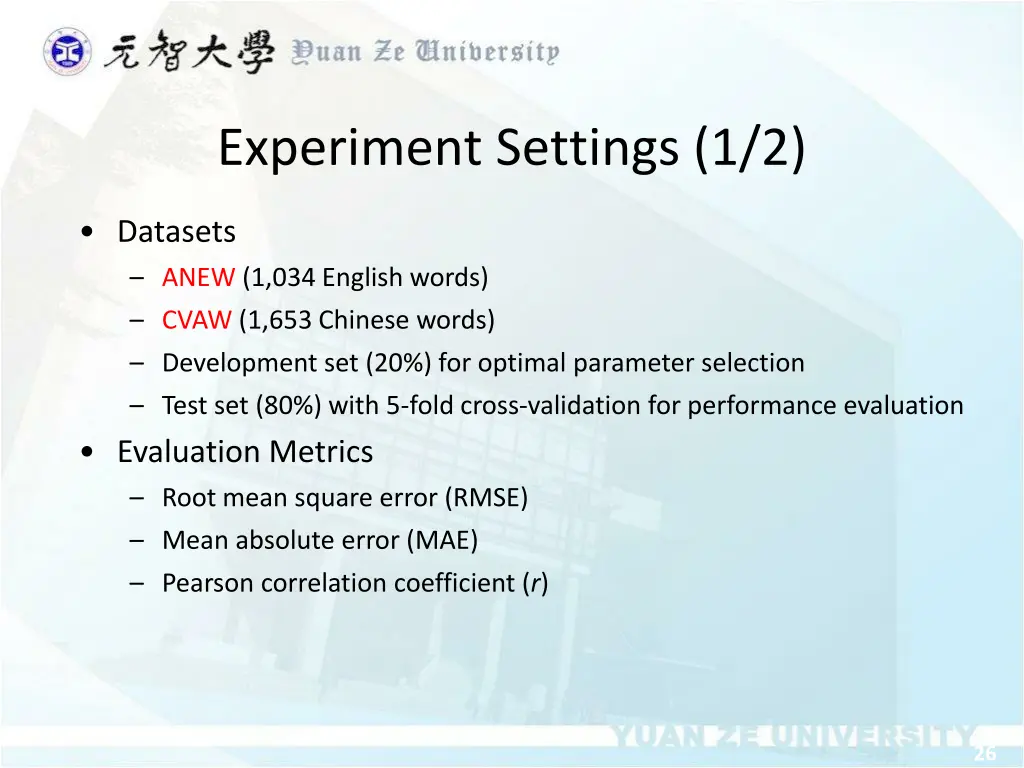 experiment settings 1 2