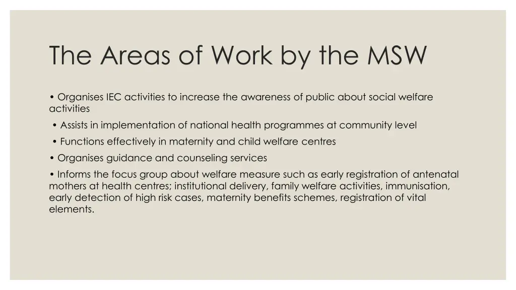 the areas of work by the msw