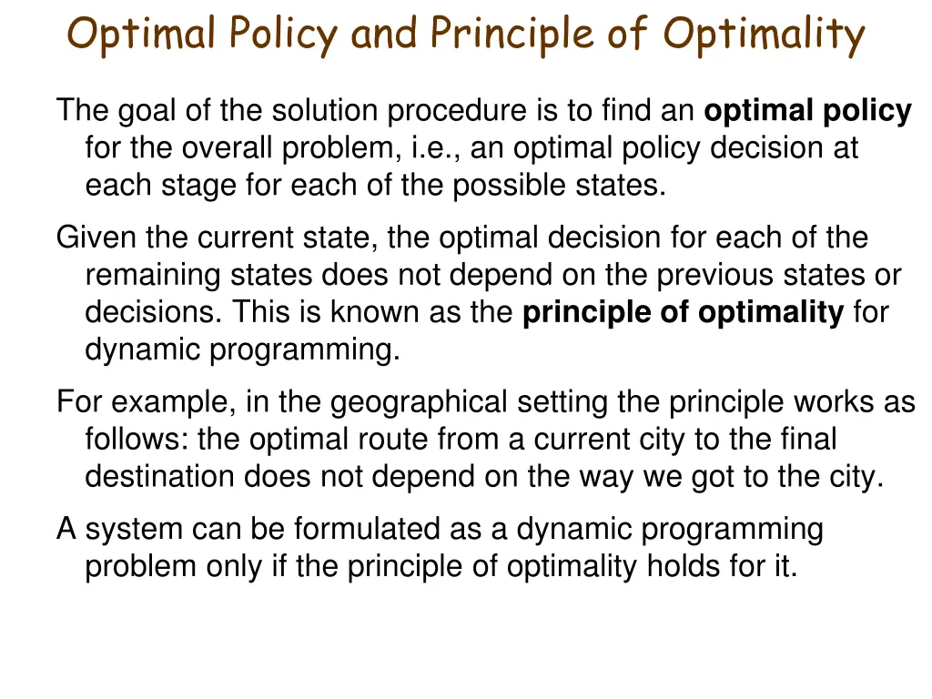 optimal policy and principle of optimality