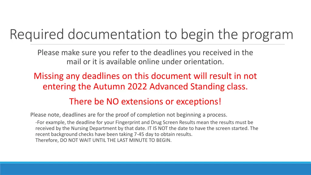 required documentation to begin the program