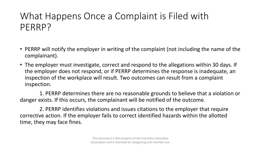 what happens once a complaint is filed with perrp