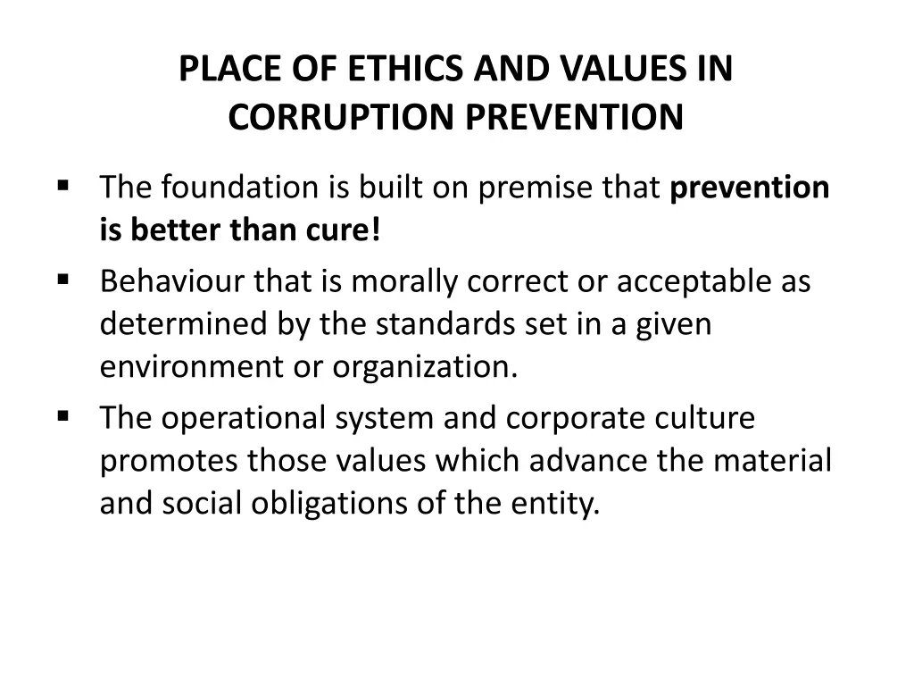 place of ethics and values in corruption