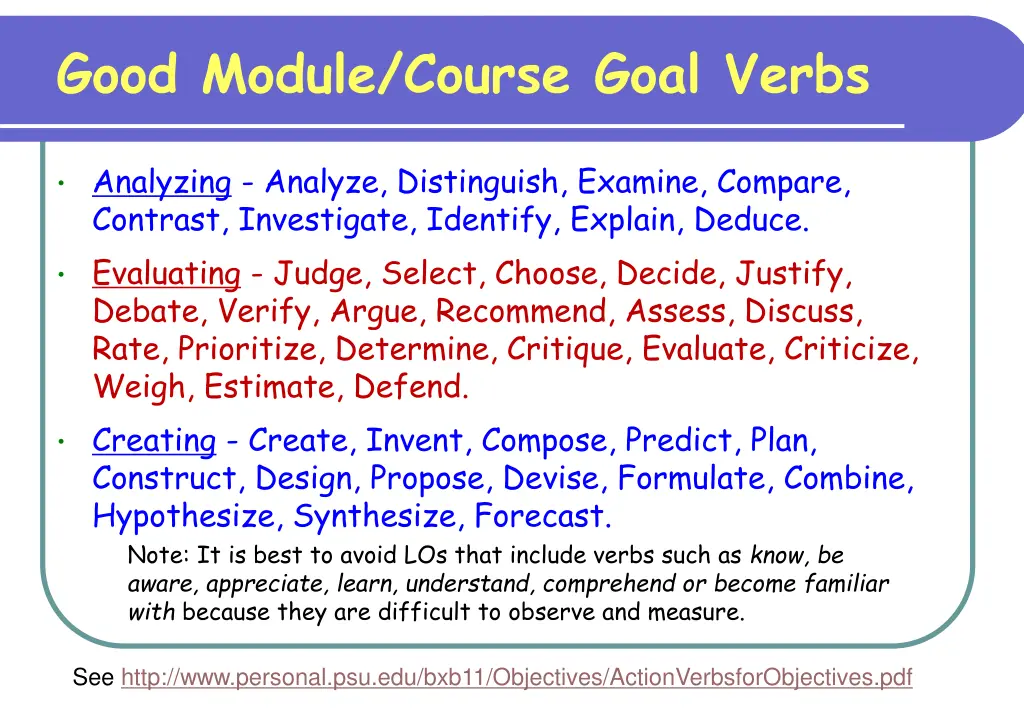 good module course goal verbs