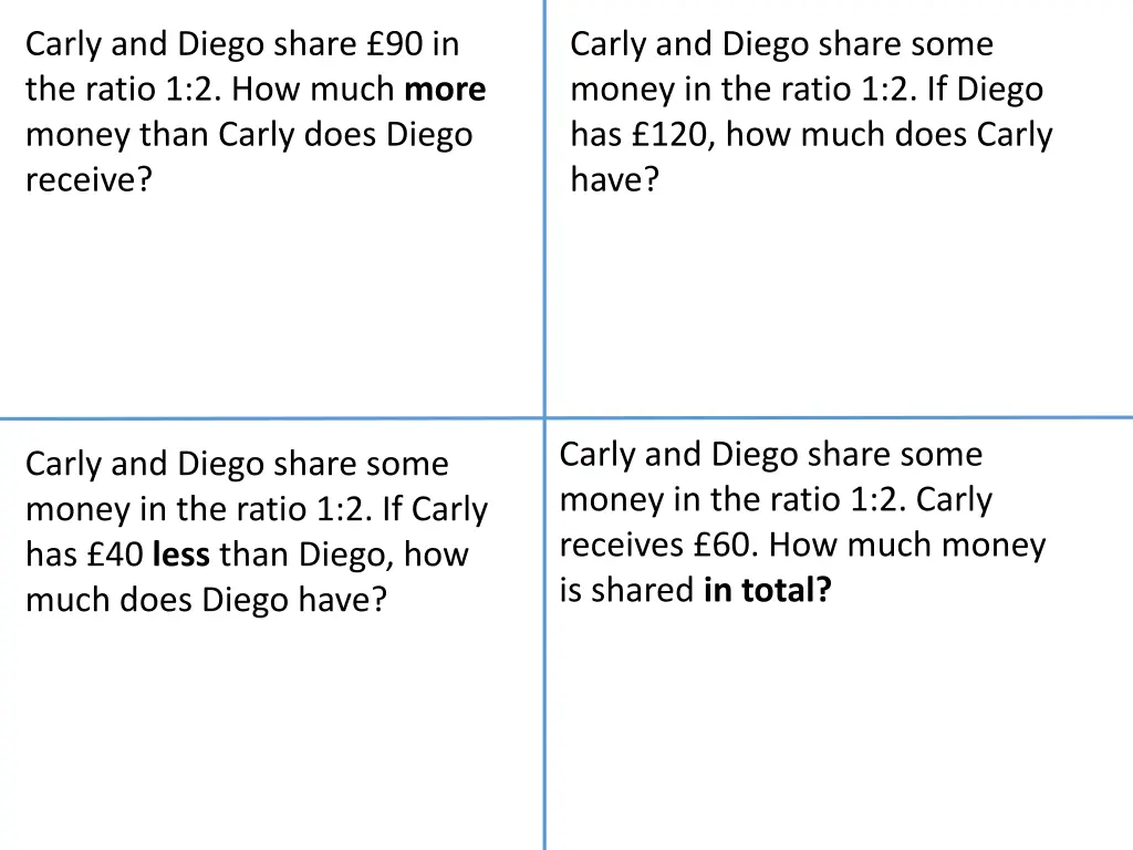 carly and diego share 90 in the ratio