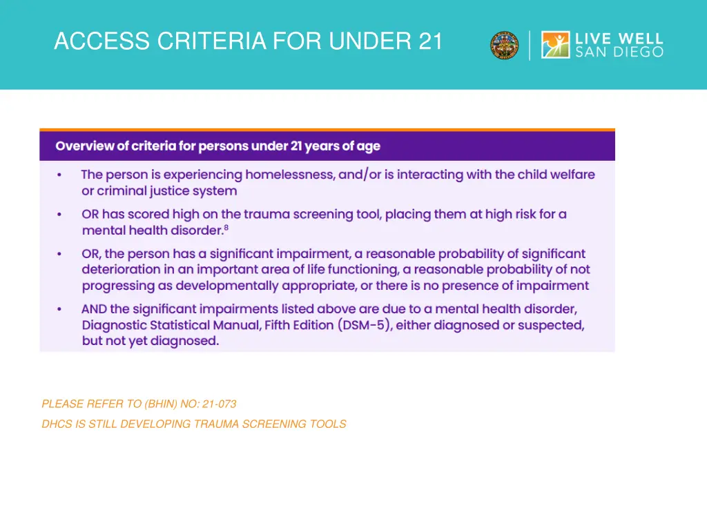 access criteria for under 21