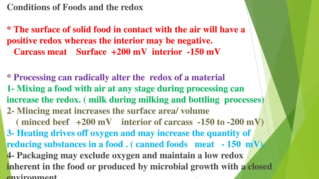 conditions of foods and the redox