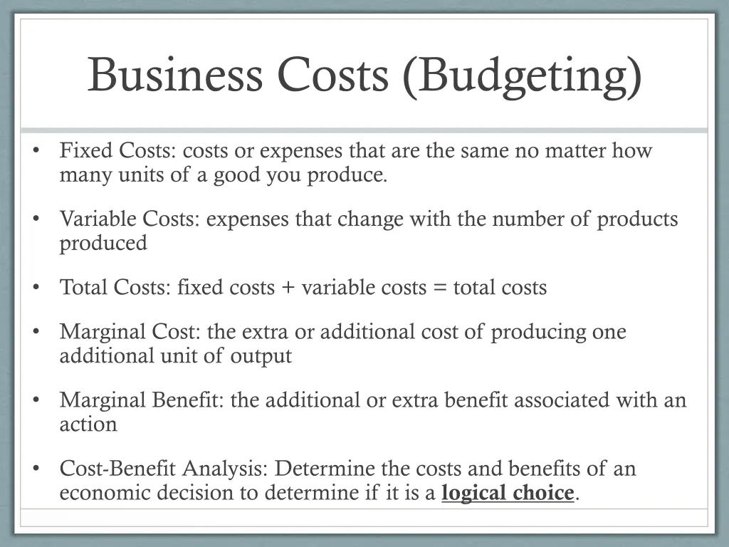 business costs budgeting