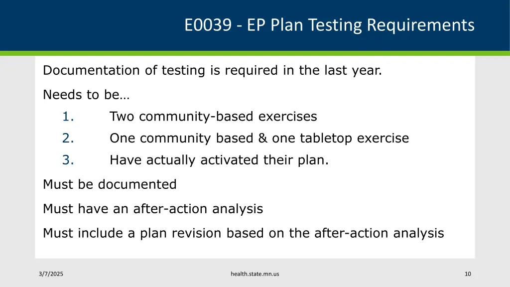 e0039 ep plan testing requirements