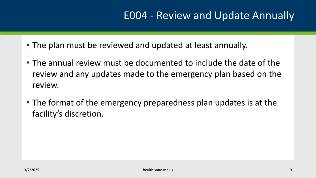 e004 review and update annually