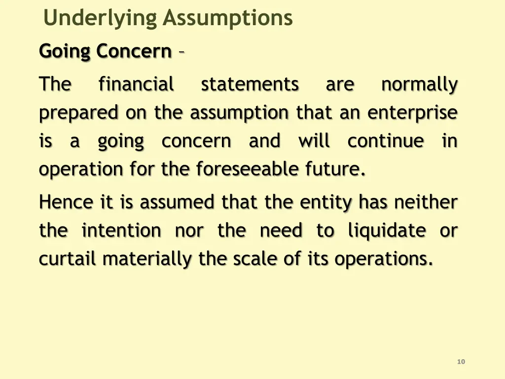underlying assumptions going concern