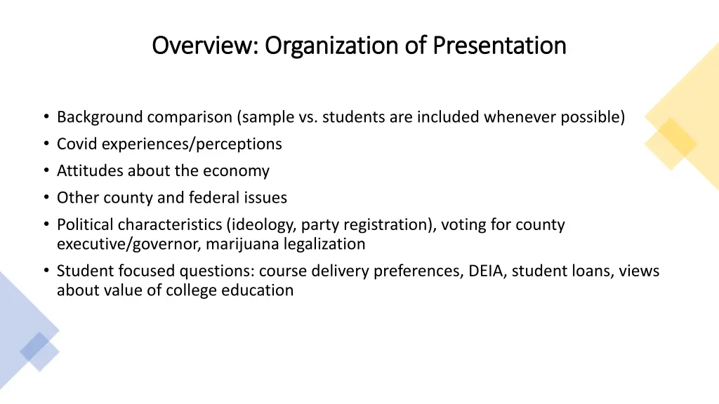 overview organization of presentation overview