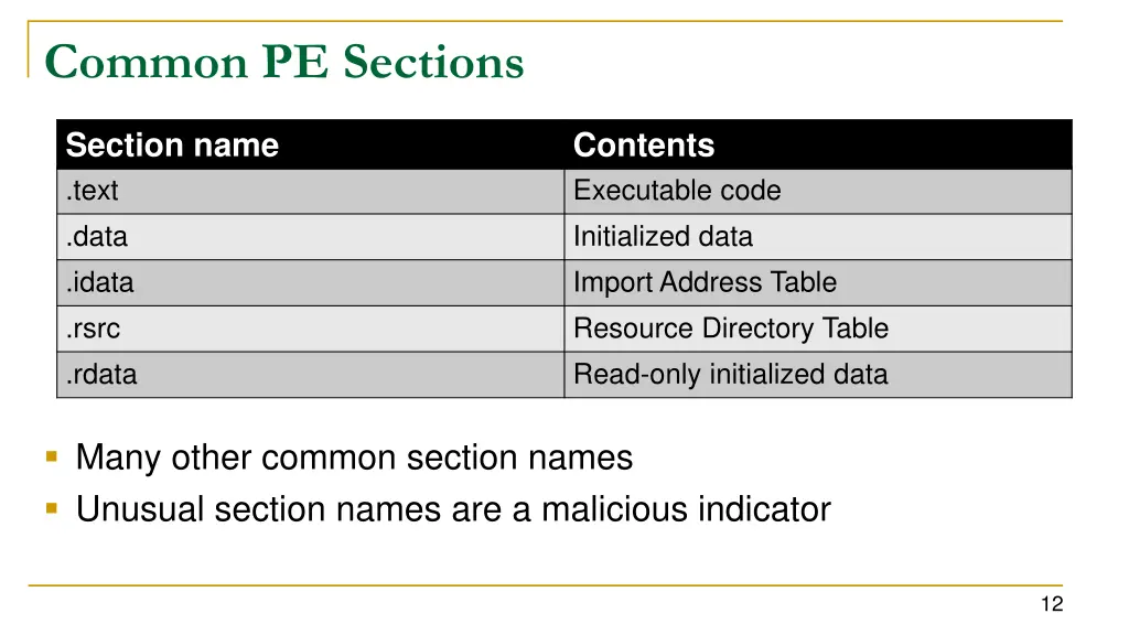 common pe sections