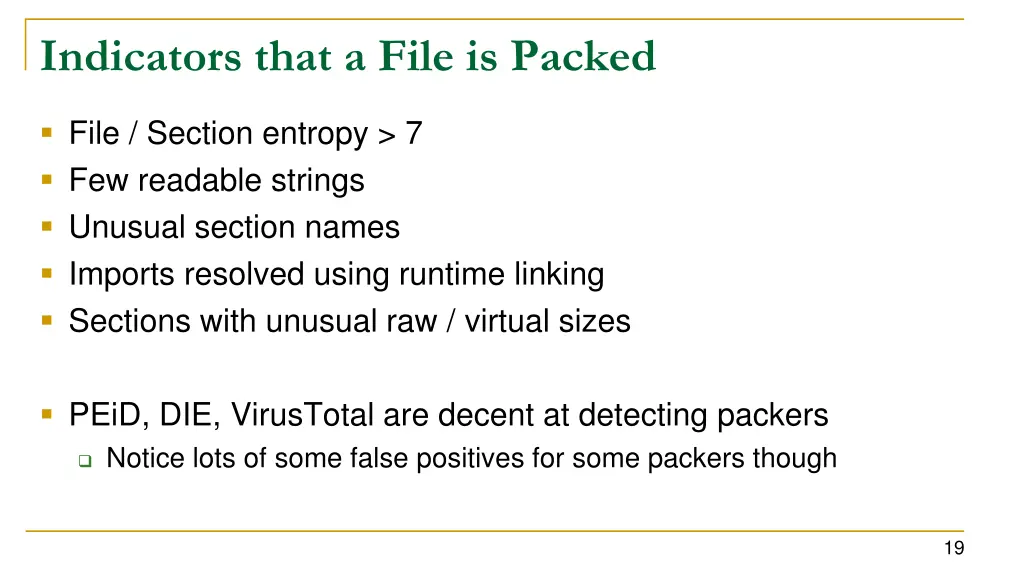 indicators that a file is packed